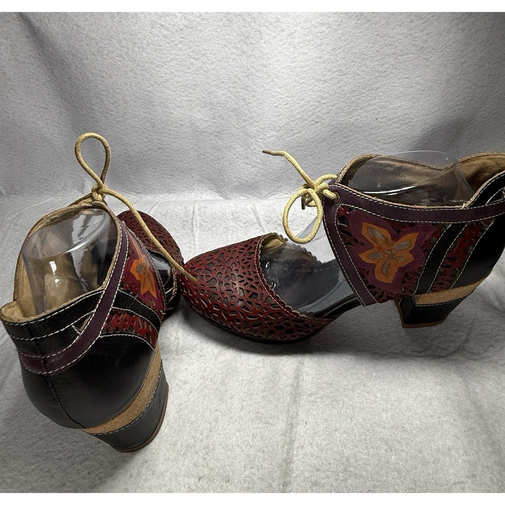 L’Artiste Lace-Up Floral Cutout Heels in Burgundy and Black